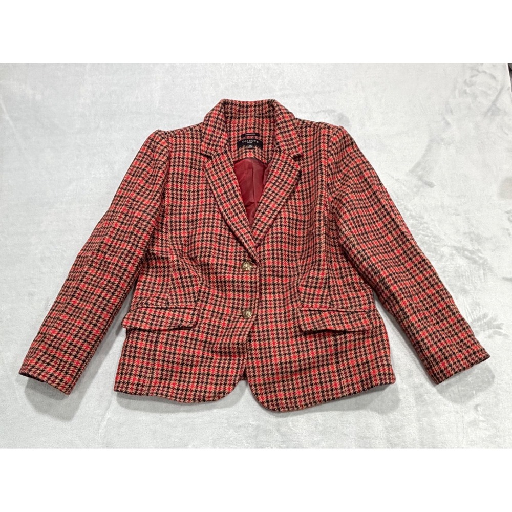 Talbots Womens Aberdeen Blazer Wool Blend Red Black Houndstooth Crest Button 12P